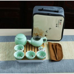 Дорожній чайний набір у сумці з рибками 4 персони 10 предметів Бірюзовий